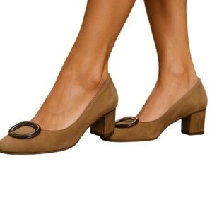 HISPANITAS Suede Wood Block Heel Pump Tan Tortoiseshell Decorative Buckle 39.5